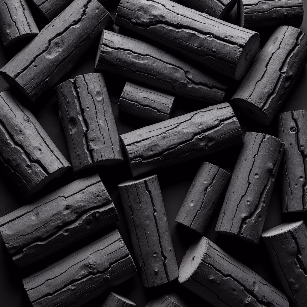 Black-and-white photo of charred wood logs, textured and rugged.