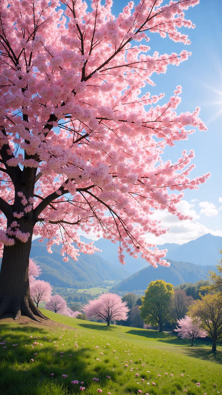 Springtime cherry blossoms in a serene mountainous setting.