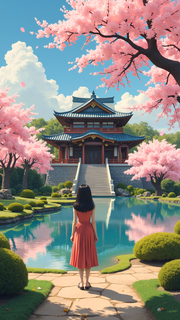 A woman in a red dress admires a serene Japanese garden with blooming cherry blossoms.