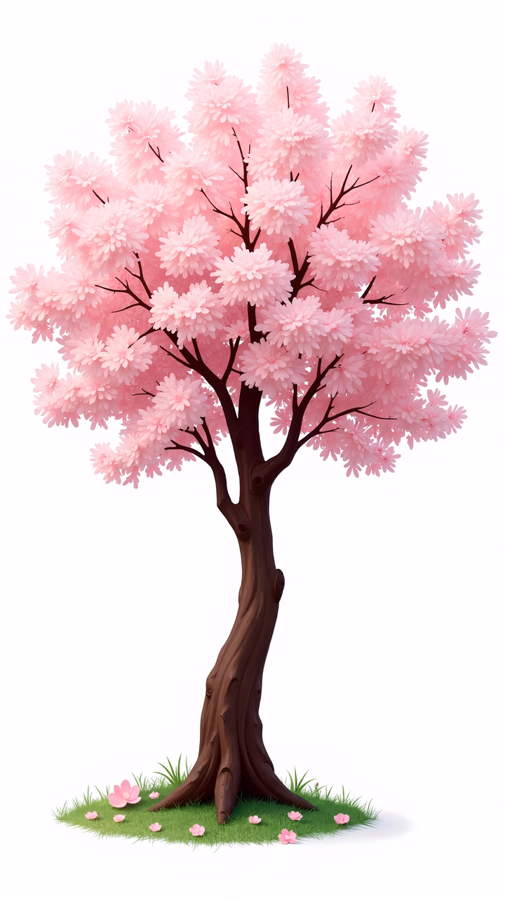Vibrant cherry blossom tree with pink blossoms and green grass on a white background.