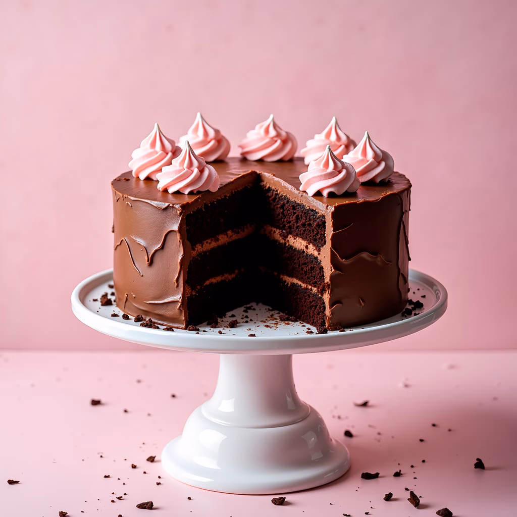 Decadent chocolate cake with pink whipped cream dollops against a soft pink backdrop.