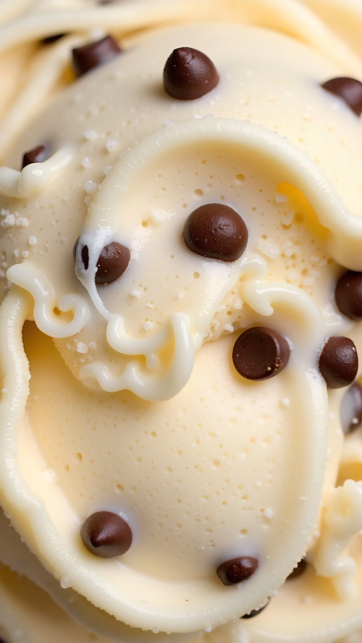 Close-up of creamy white ice cream with chocolate chips and melted white chocolate drizzle.