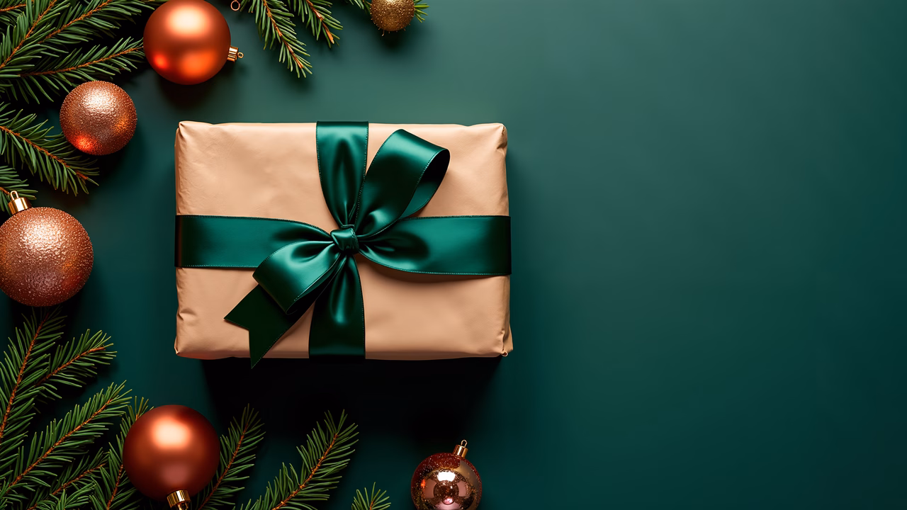 Elegant Christmas gift wrapped in beige with a green ribbon on a dark green background.