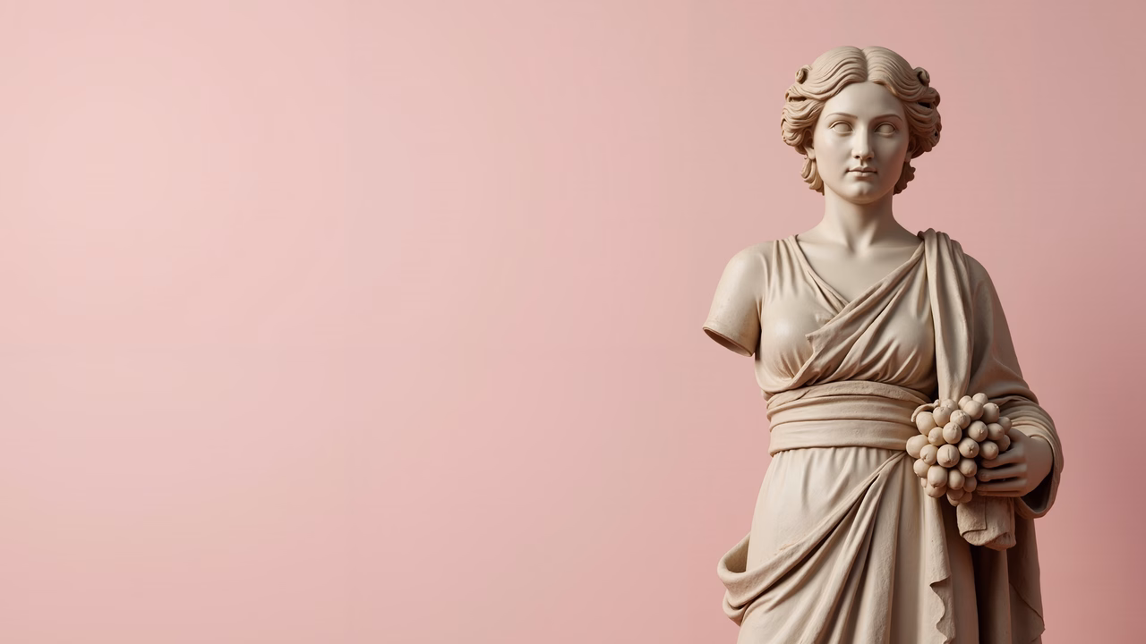 A serene classical statue in beige tones against a pale pink background.