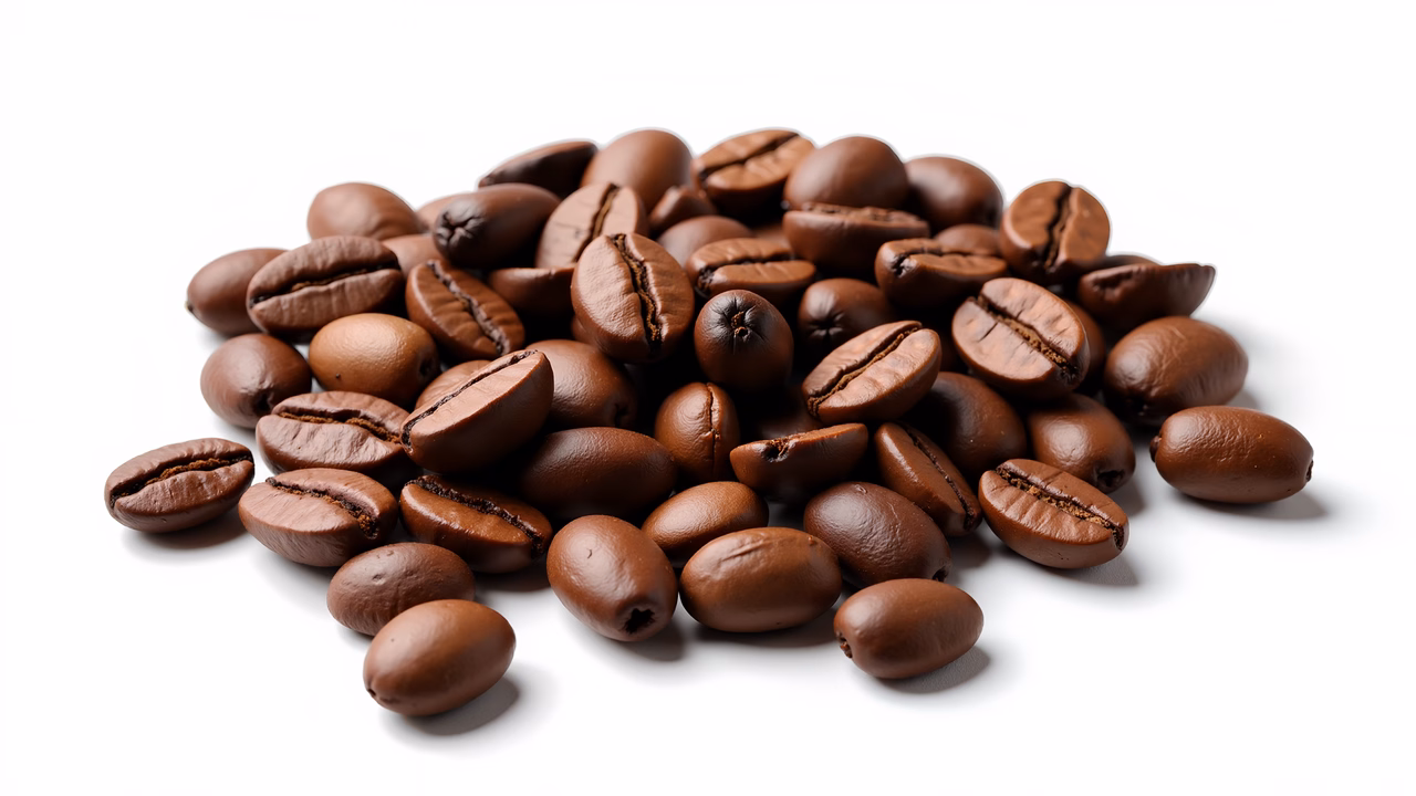Close-up of roasted coffee beans against a white backdrop.