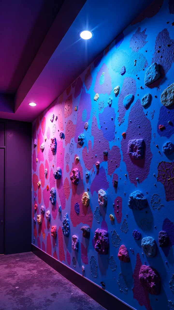 A colorful climbing wall lit with purple and blue lights, enhancing its vibrant design.