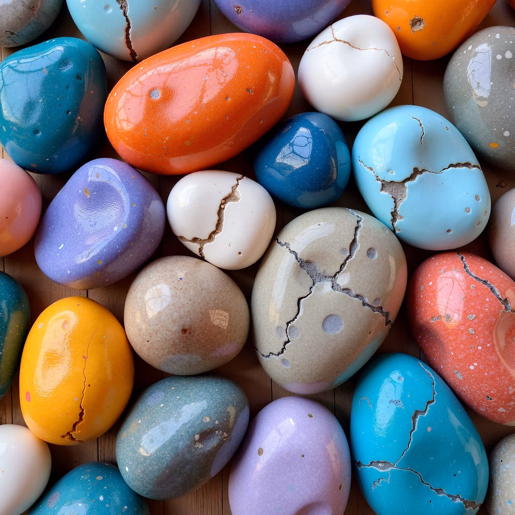 Pastel-colored cracked eggs on wood, food photography
