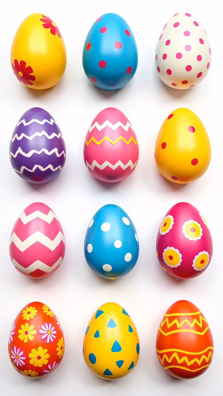 Brightly colored Easter eggs against a white backdrop, celebrating springtime joy.