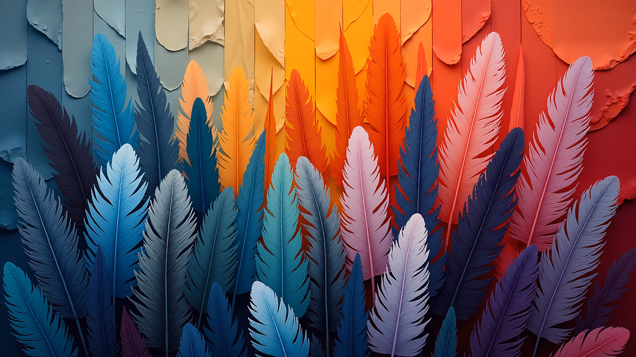 Vibrant feather illustration with colorful details and textured background.