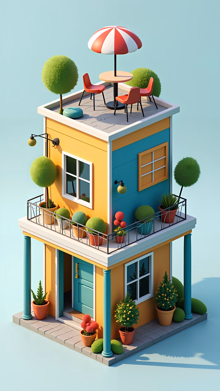 Brightly colored, whimsical house with outdoor seating and potted plants.