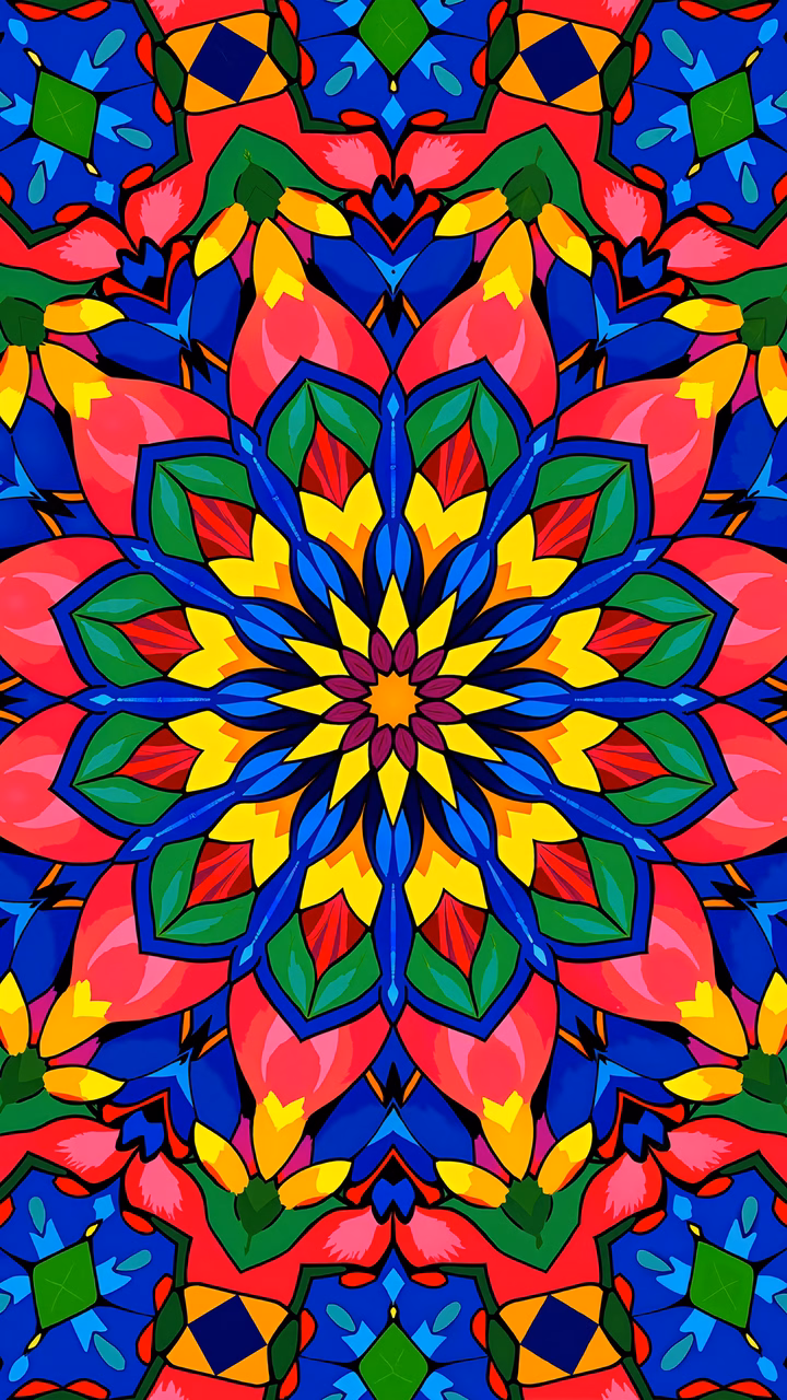 Vibrant and symmetrical mandala art with bold primary colors