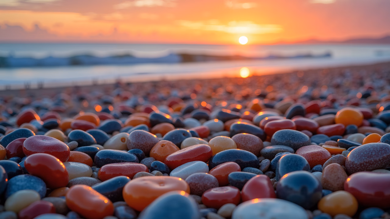 Vibrant pebbles against a sunset backdrop, creating a peaceful coastal scene.