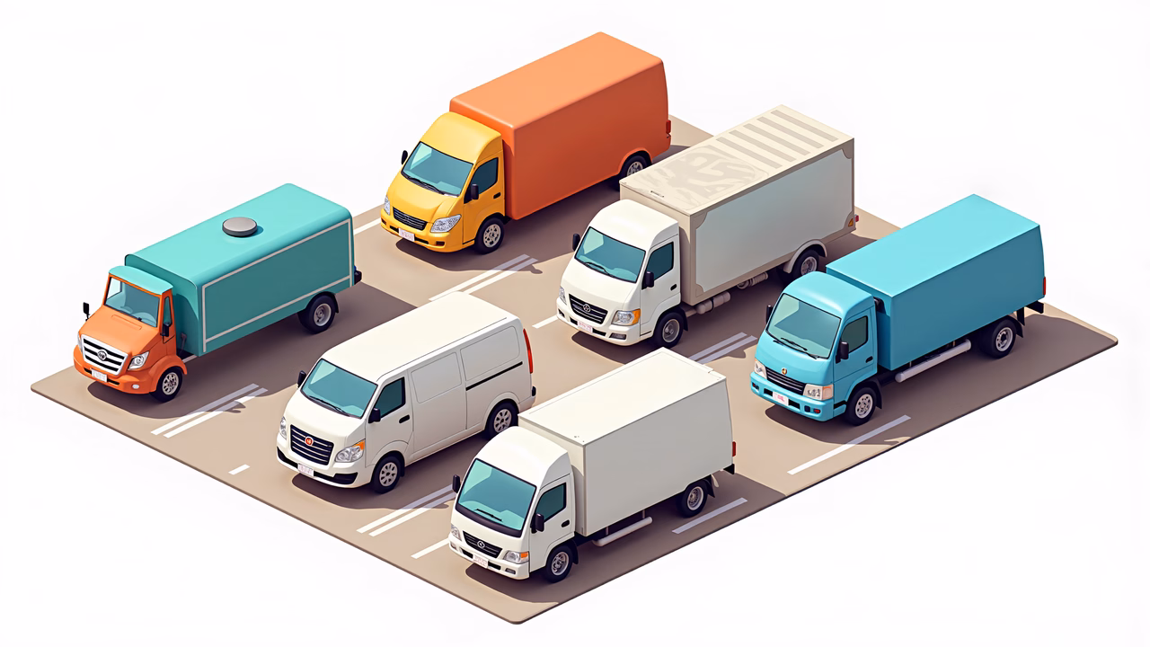 Brightly colored trucks lined up on a neat road, symbolizing efficient logistics and transportation.