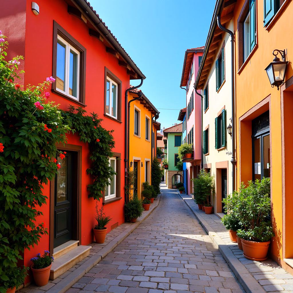 Brightly colored houses line a charming cobblestone street under a sunny sky.