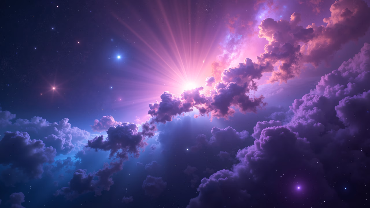 Vibrant cosmic dawn with ethereal purple hues and twinkling stars.