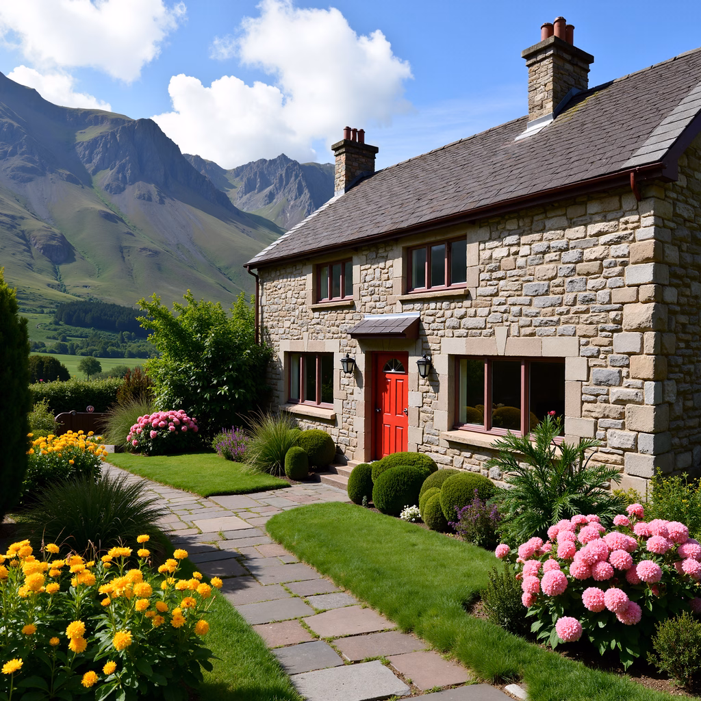 Quaint cottage surrounded by colorful flowers and mountains.