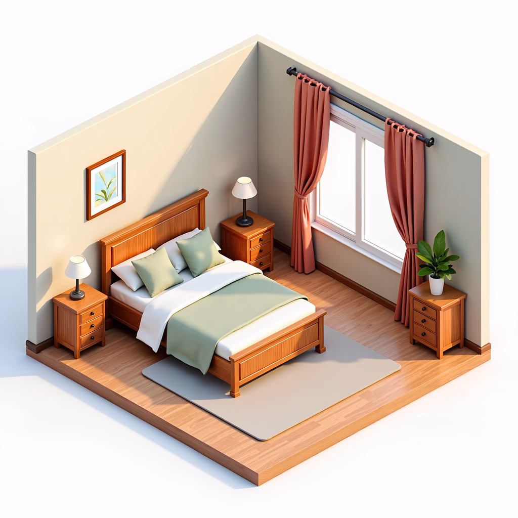 A peaceful and stylish bedroom scene with wooden furniture and natural light.