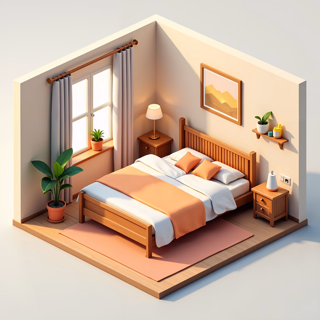 A cozy and inviting bedroom scene with soft natural light and wooden furniture.