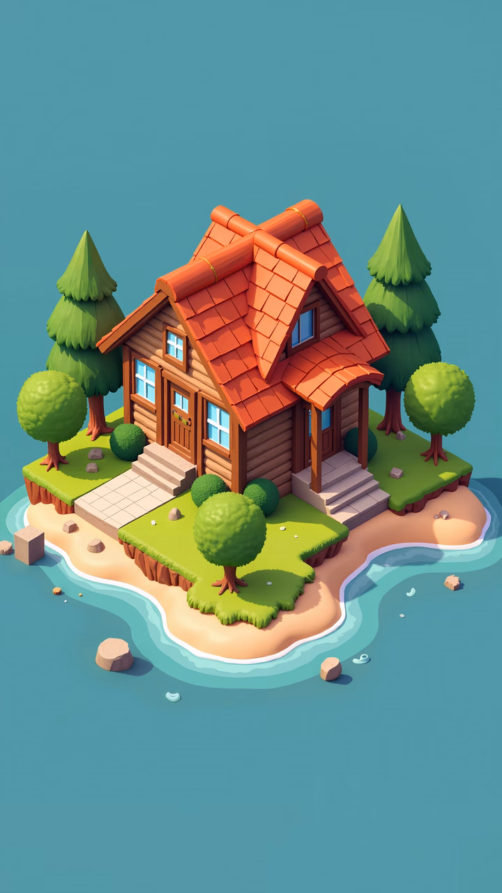 A cozy cabin on a tranquil island surrounded by lush greenery and calm waters.
