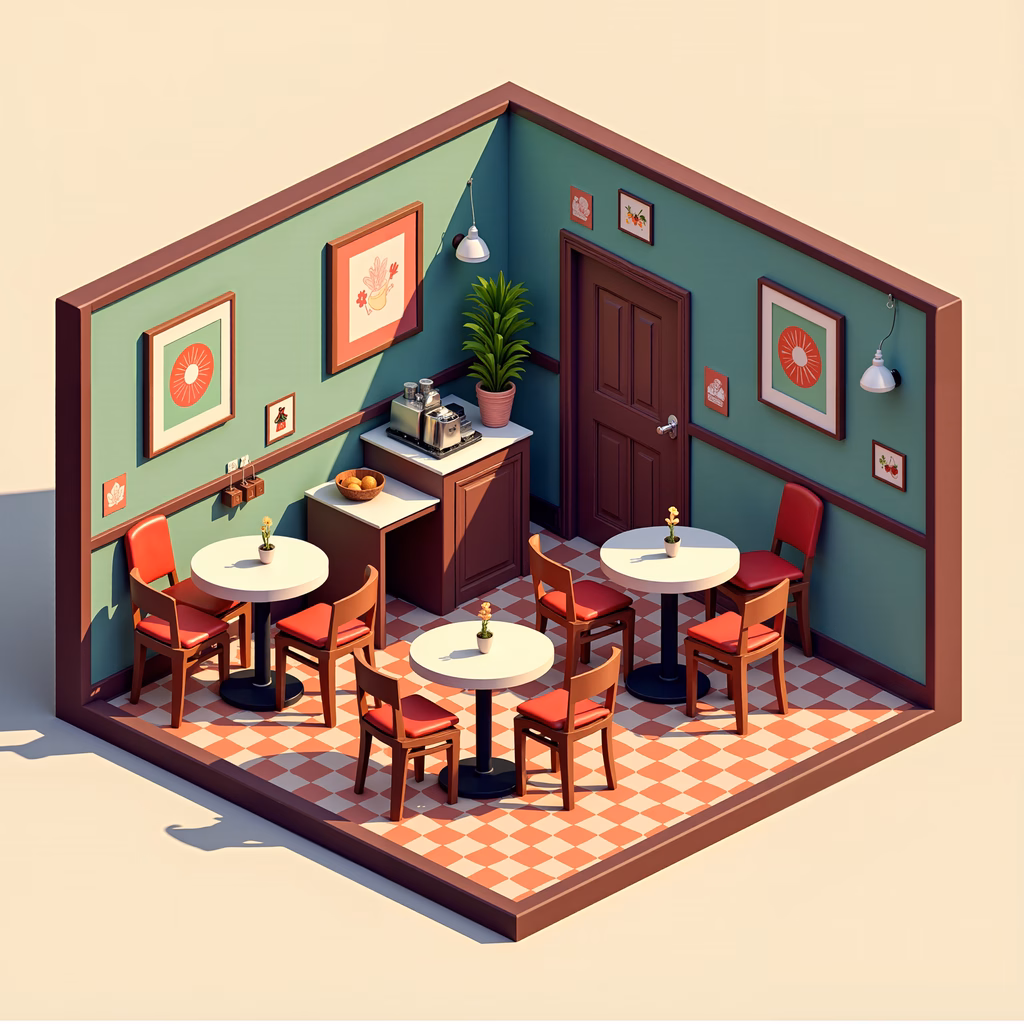 A cozy corner café with pastel walls, checkered flooring, and red chairs.