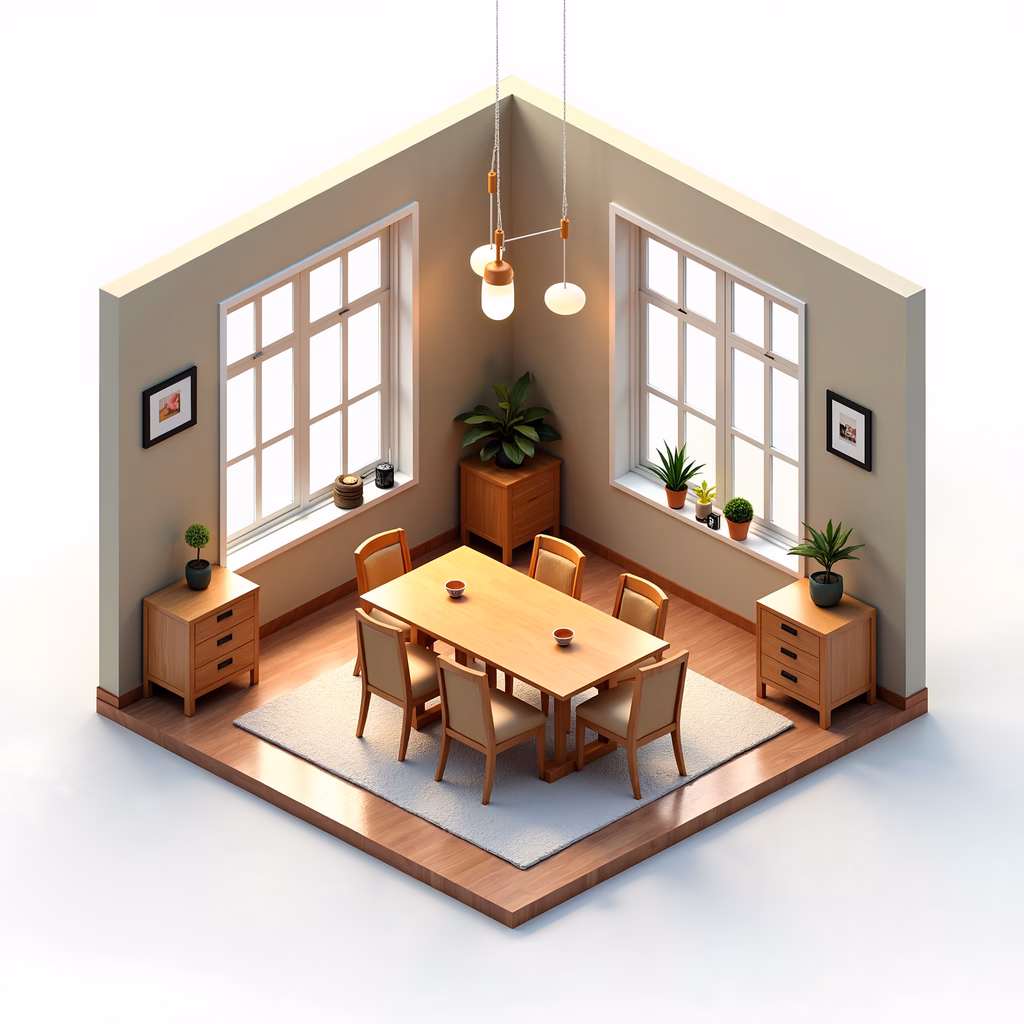 A charming dining room scene with natural light and greenery.