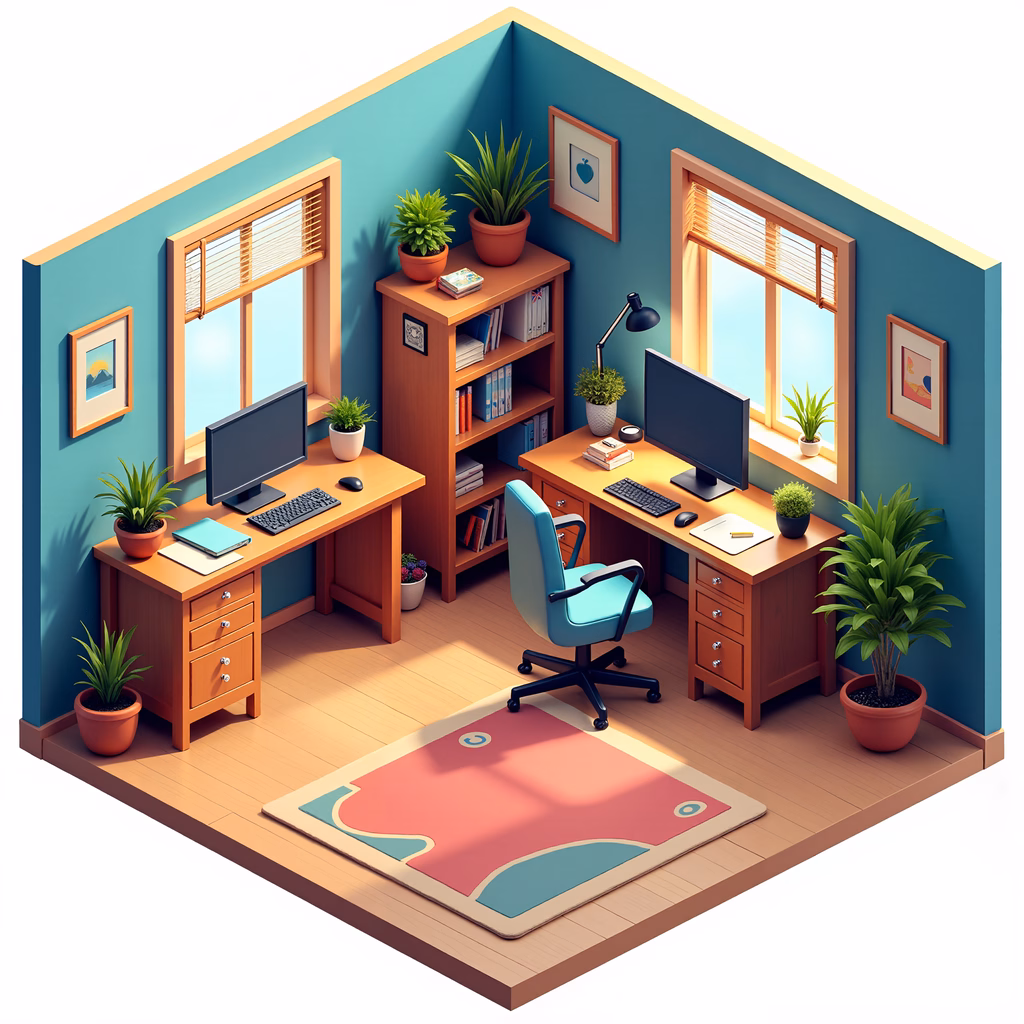 A charming home office with two desks, plants, and a cozy ambiance.