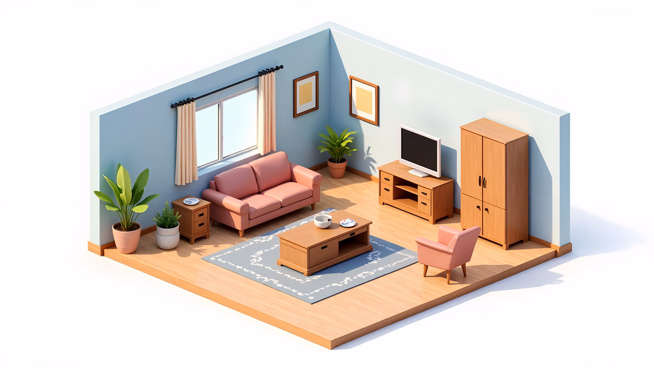 Pastel-colored, minimalist living room with cozy furniture and plants.