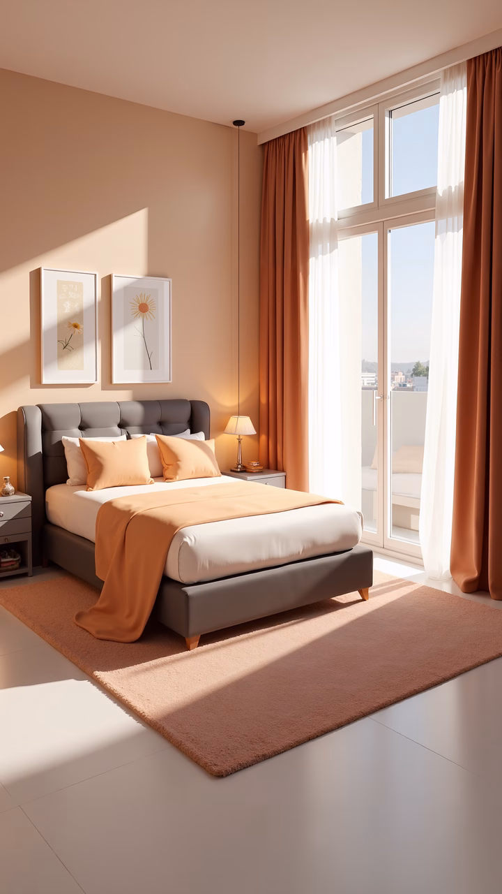 A cozy minimalist bedroom with warm pastel tones and earthy accents, featuring a comfortable bed and large windows with natural light.