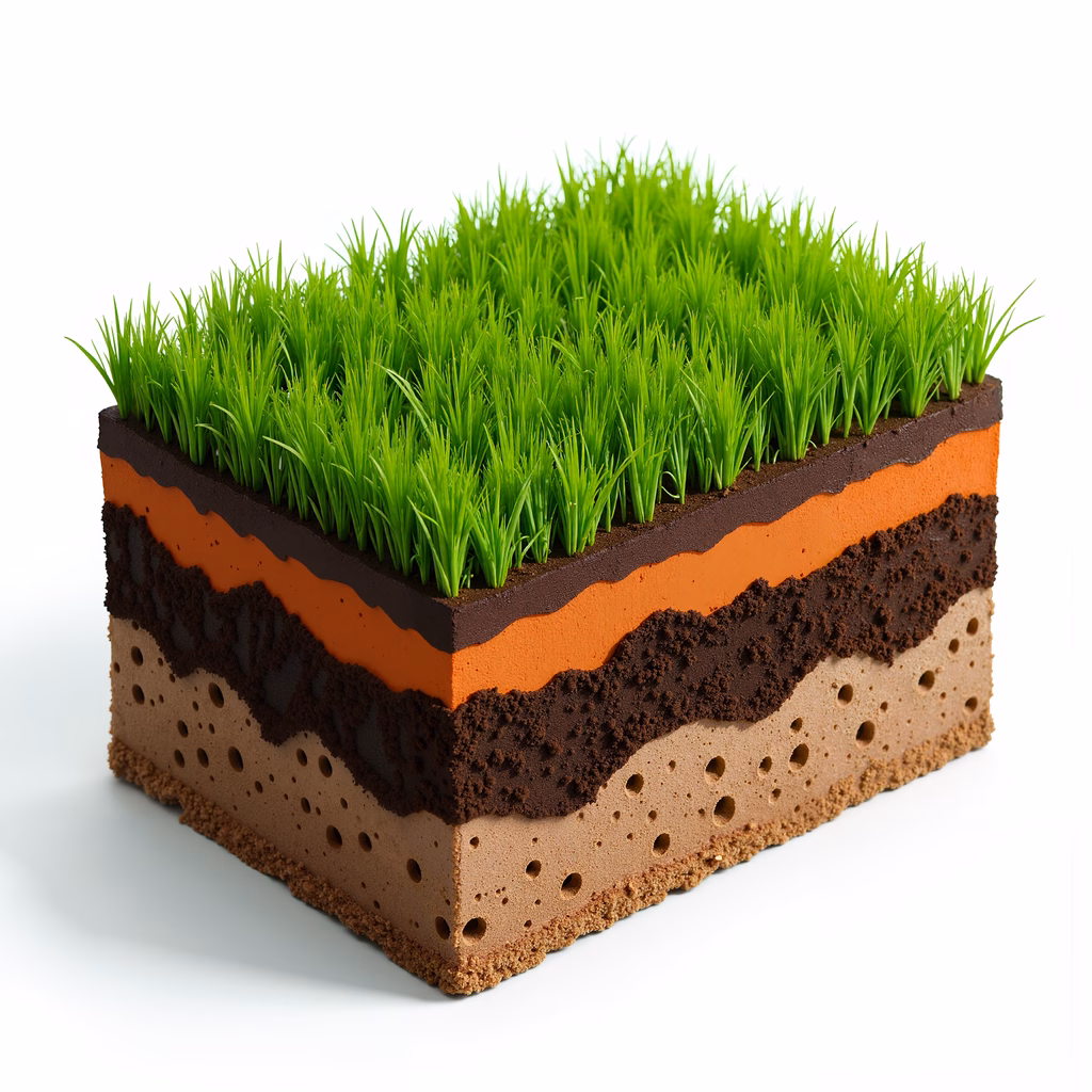 Detailed cross-section of soil layers with vibrant green grass and rich brown earth.