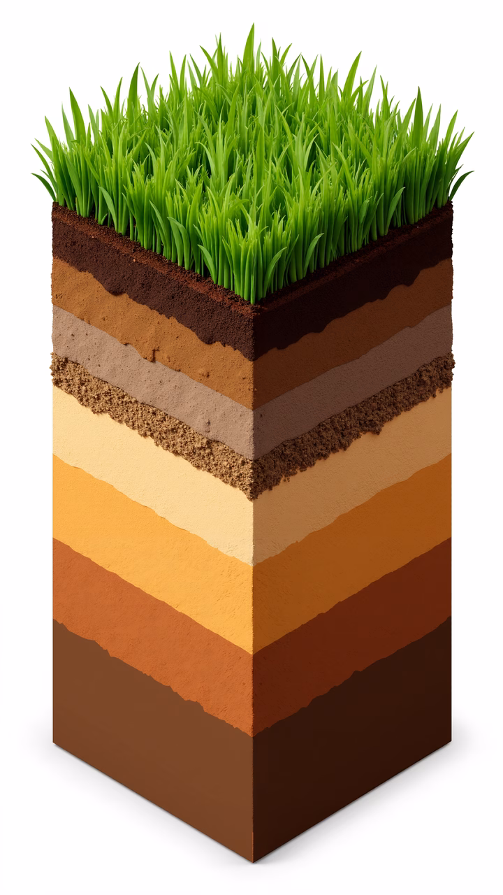 Cross-section of soil layers with vibrant green grass on top.