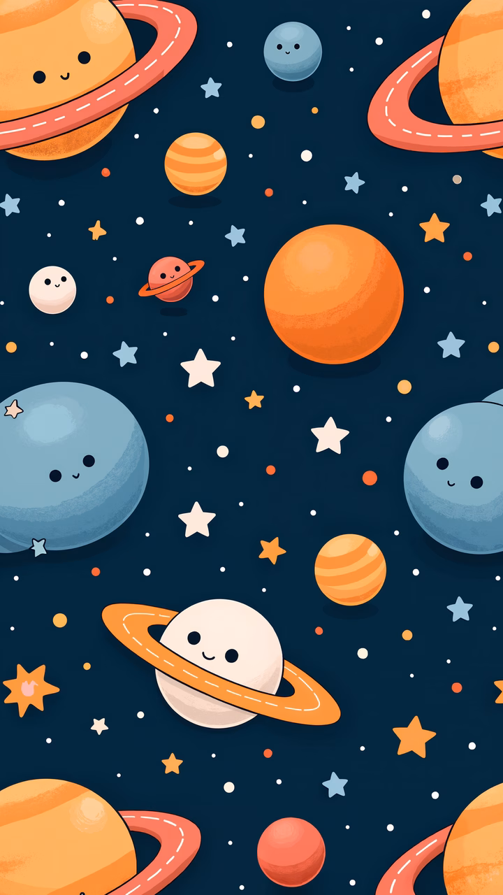 Cute cartoon planets floating in a starry night sky, perfect for kids' decor.