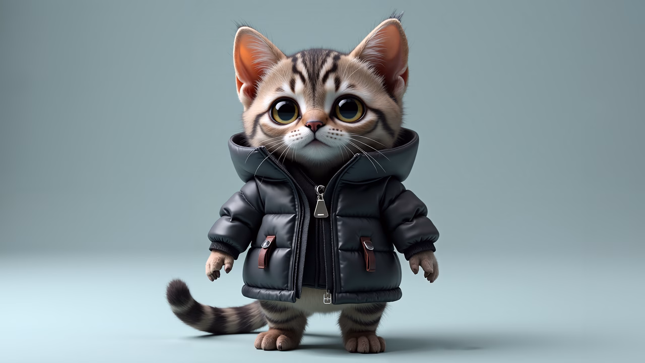 Whimsical cat in cozy puffer jacket, perfect for children's art.