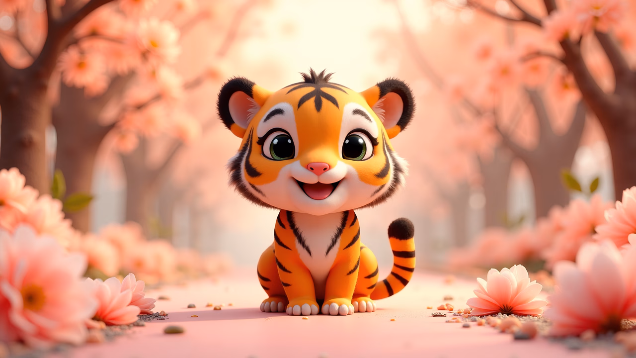 A cute tiger cub surrounded by blossoms in a peaceful forest setting.
