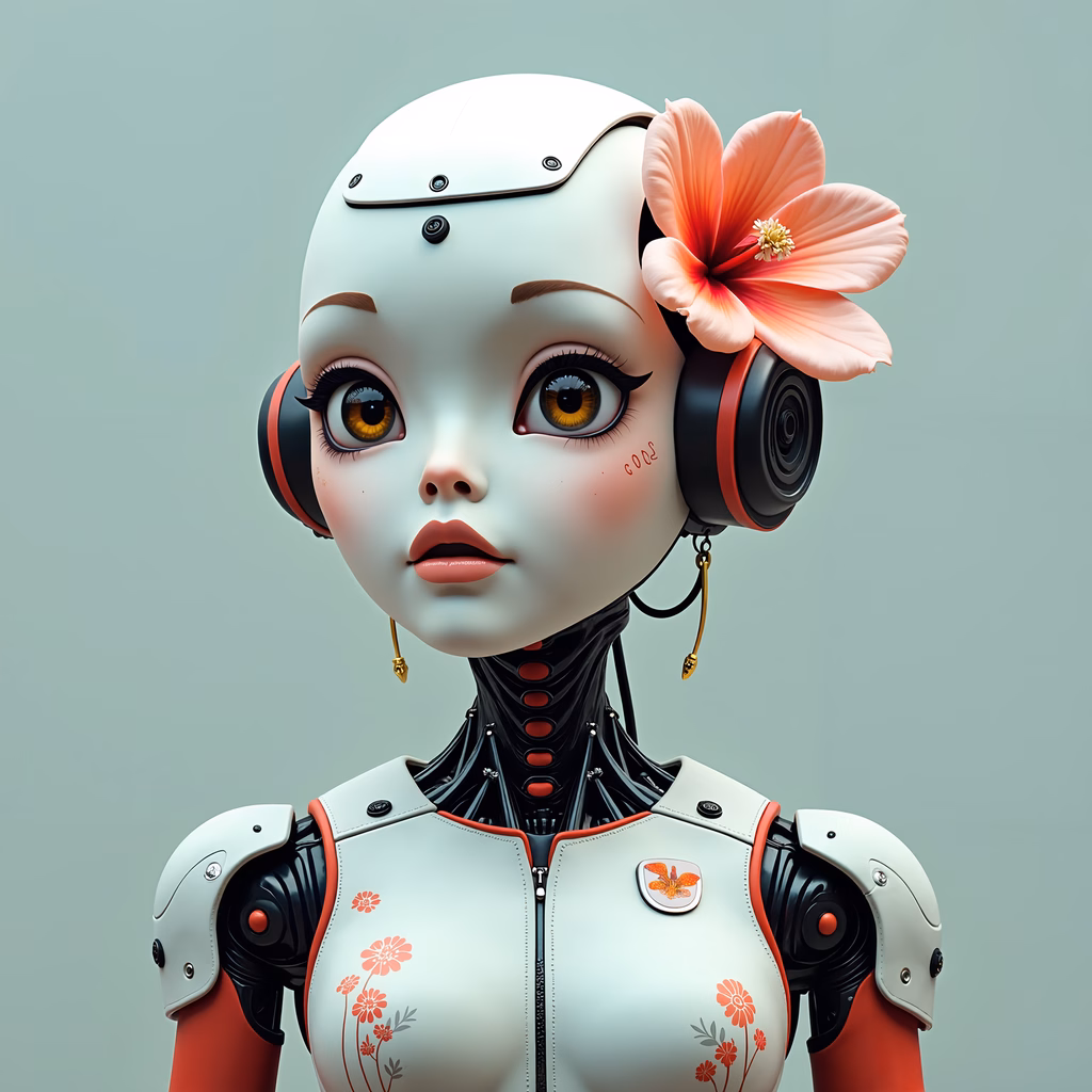 A futuristic cyborg woman with golden eyes and a pink flower, blending science fiction with whimsy.