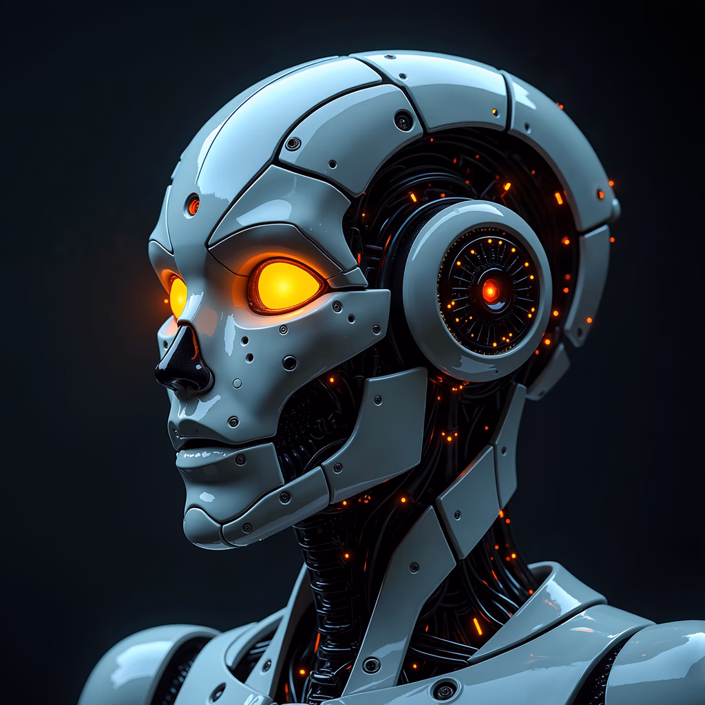Detailed cybernetic head with glowing eyes and intricate mechanical details.