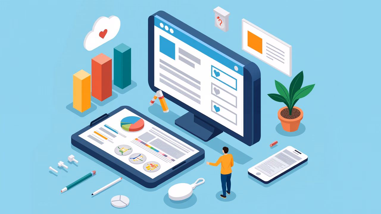 Brightly colored data visualization illustration featuring a person interacting with a computer screen and various tools.