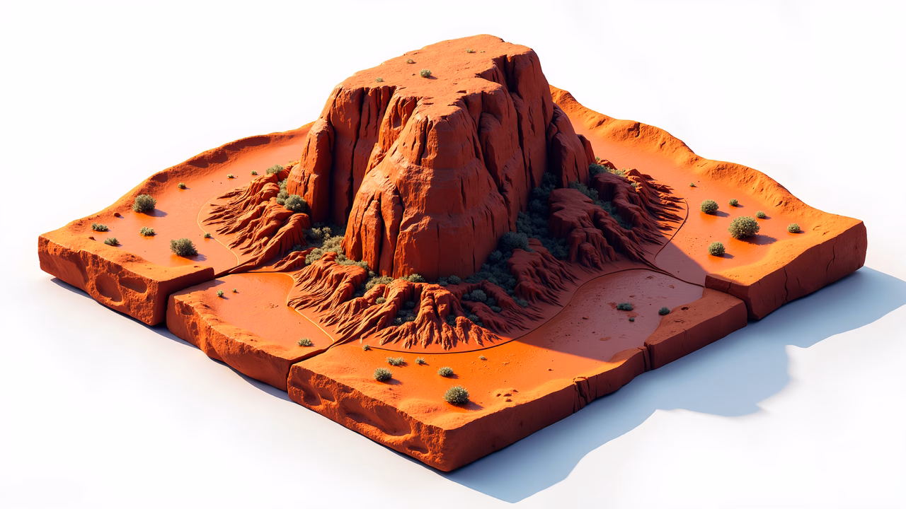 Rugged red rock formations in a desert landscape with sparse greenery.