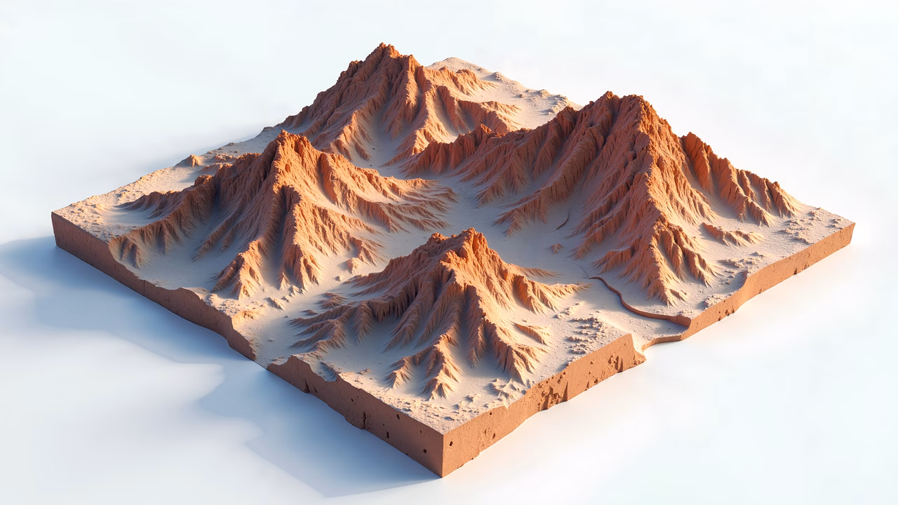 Detailed desert landscape with rugged cliffs and a winding riverbed.
