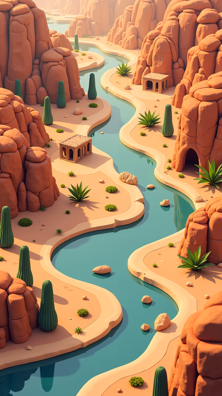 A tranquil desert oasis with red rocks, a turquoise river, and green cacti.