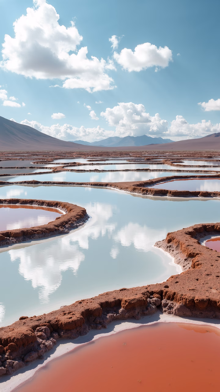Vibrant salt ponds in a desert landscape under a clear blue sky.