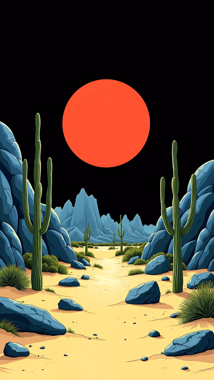 A striking desert sunset with cacti and rugged mountains under a black sky.