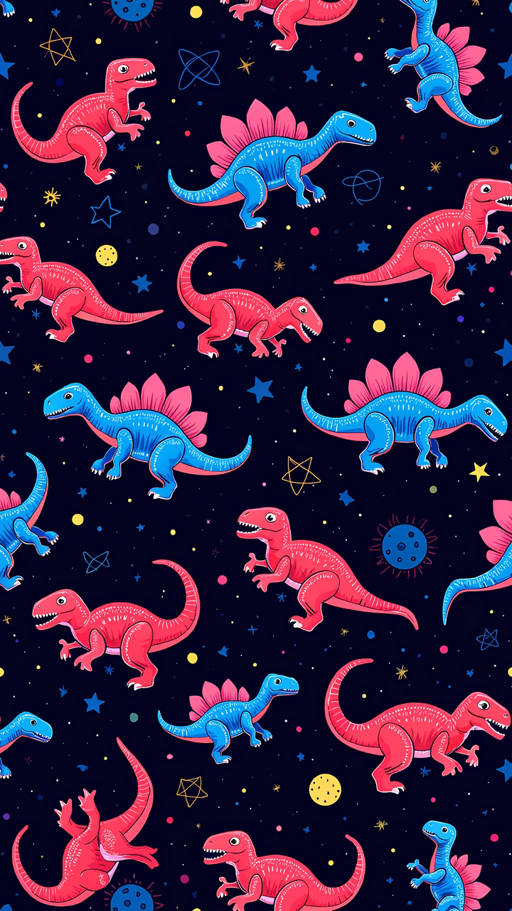 Brightly colored dinosaurs in a space-themed pattern for kids.