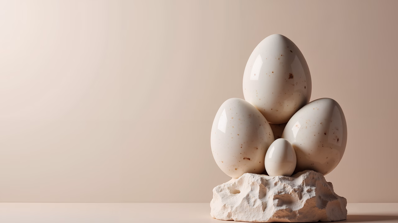 Minimalist still-life composition featuring glossy eggs on a textured stone base.