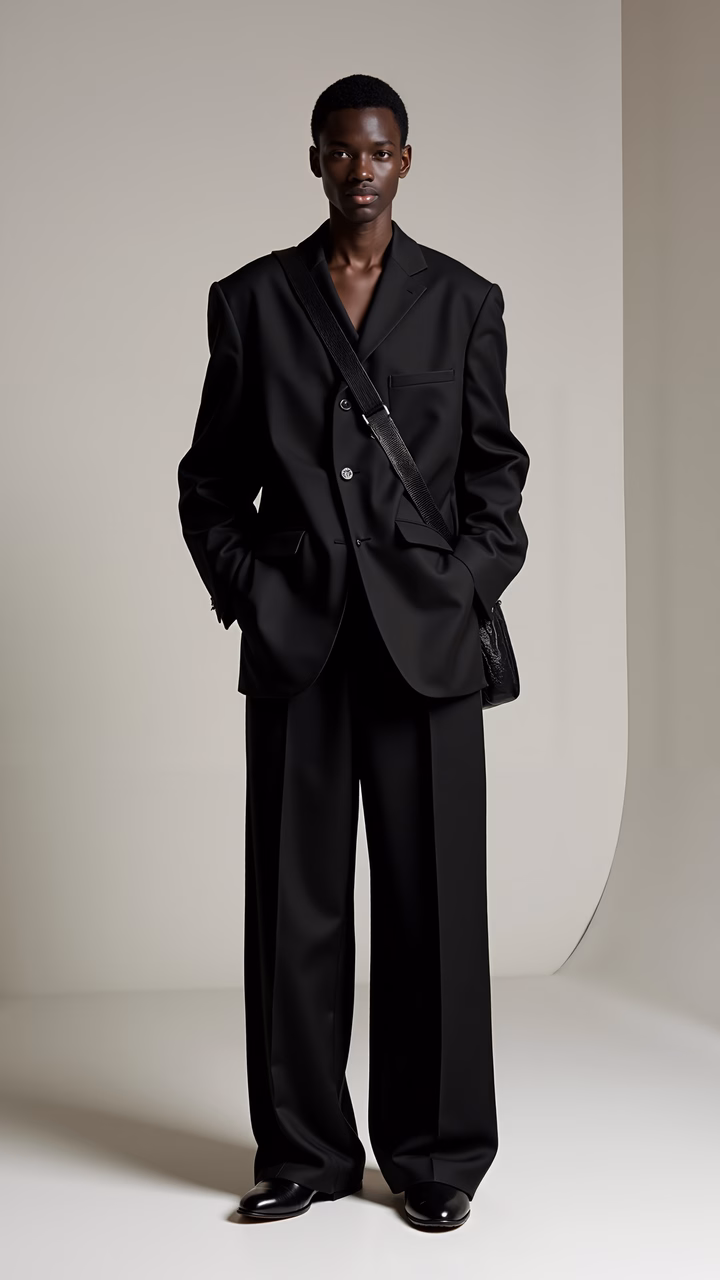 Elegant black suit with minimalist accessories against a neutral backdrop.
