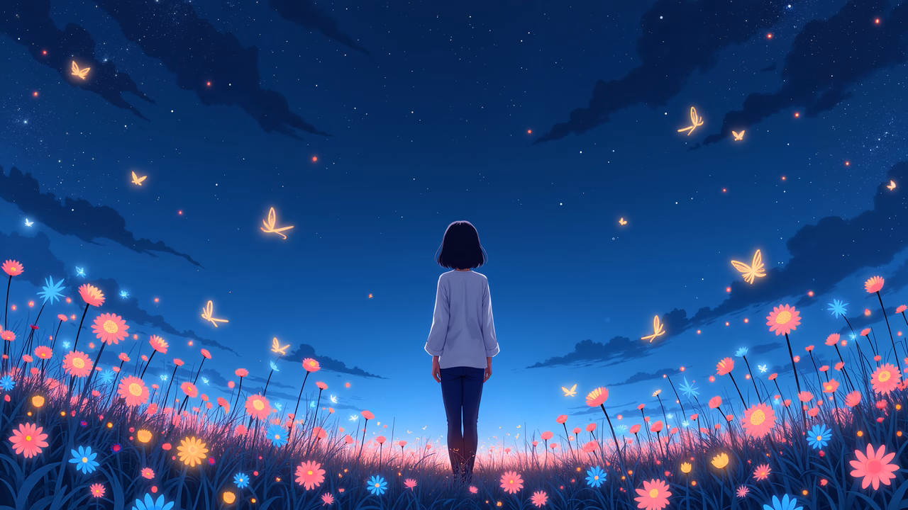 A girl in a magical flower field under a starlit sky with glowing butterflies.