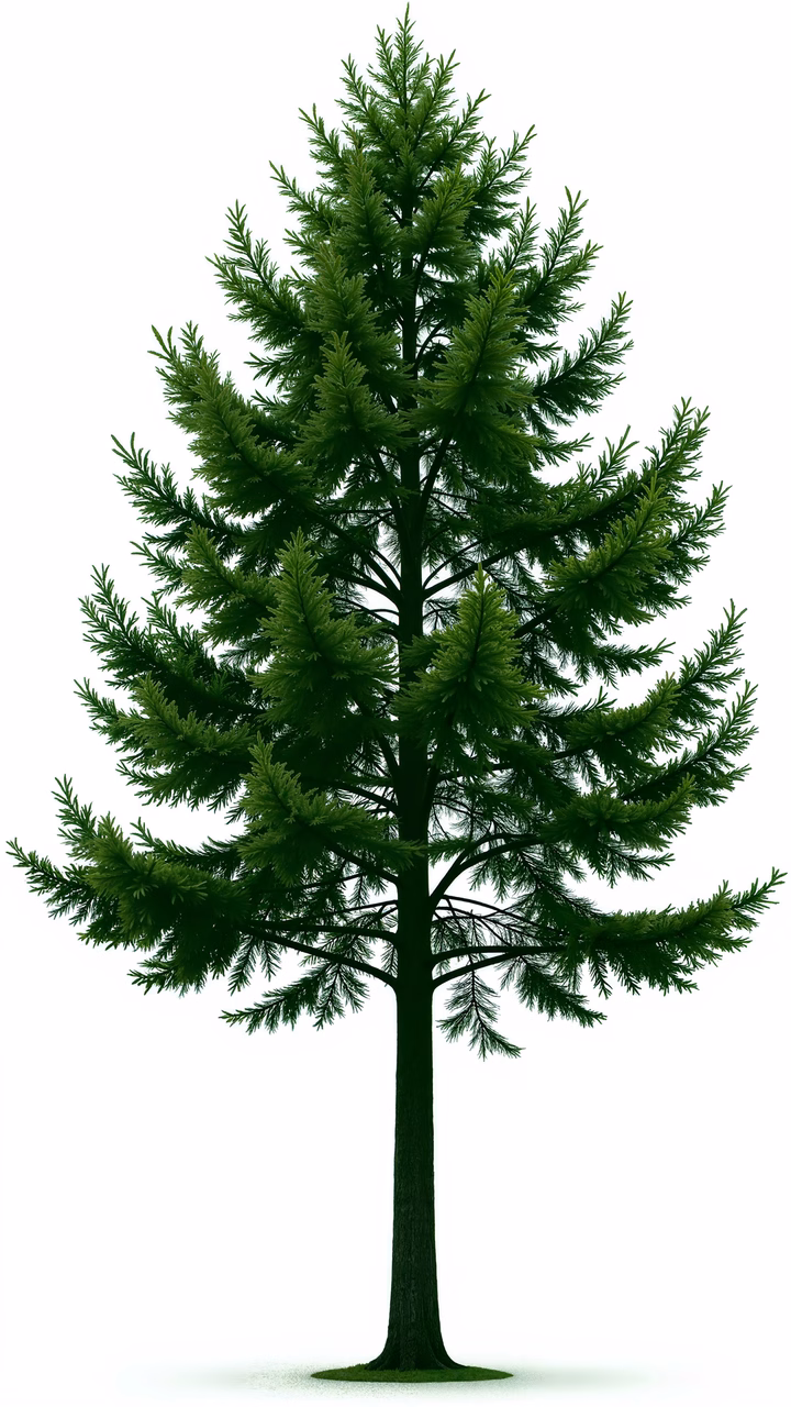 Detailed evergreen tree illustration with vibrant green foliage and a sturdy trunk, evoking tranquility.