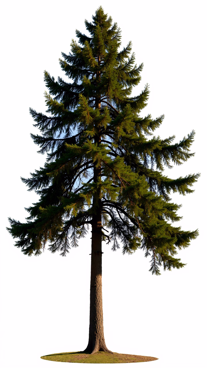 Detailed evergreen tree illustration with realistic style and vibrant green tones.