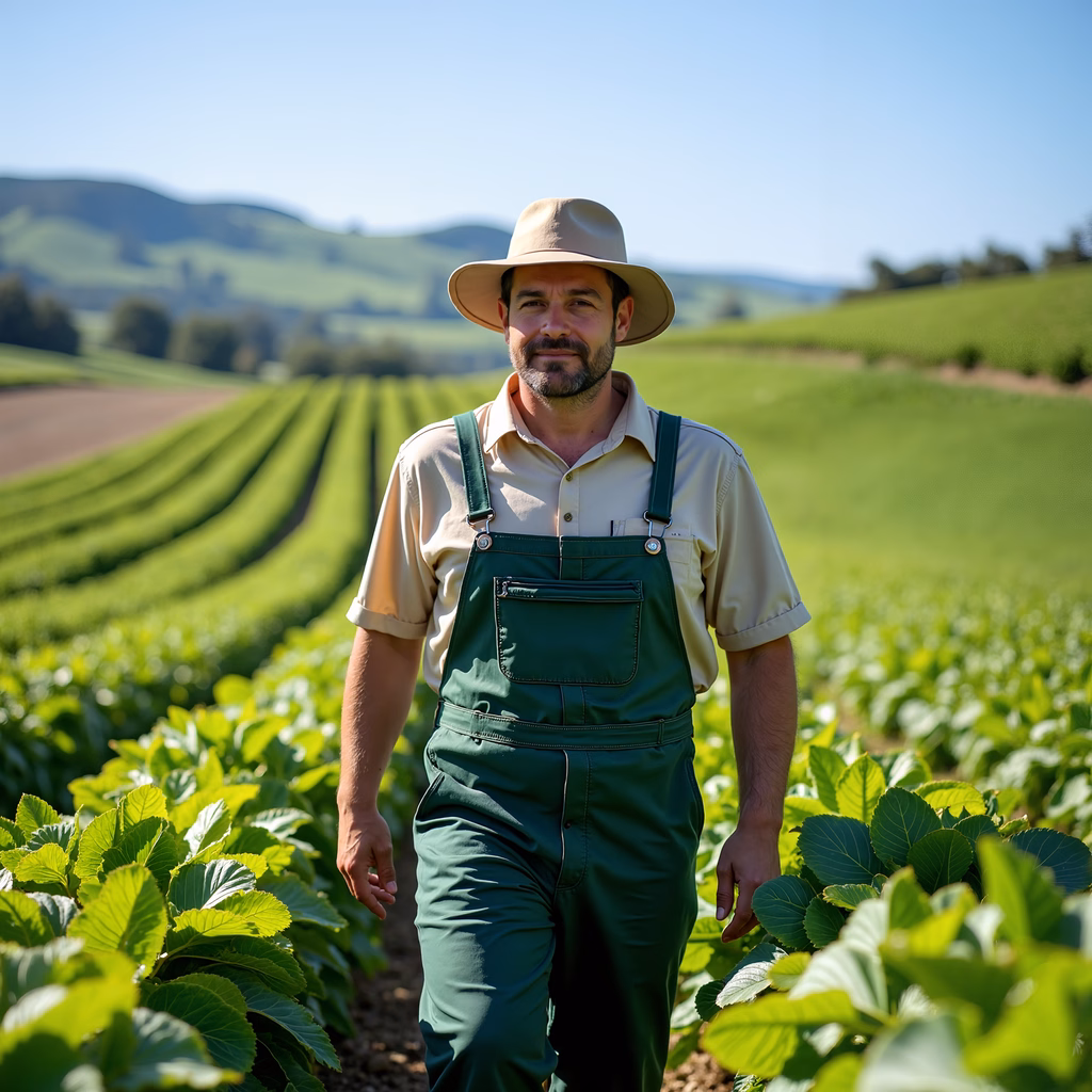 Farmer in green overalls amidst a vibrant agricultural landscape.