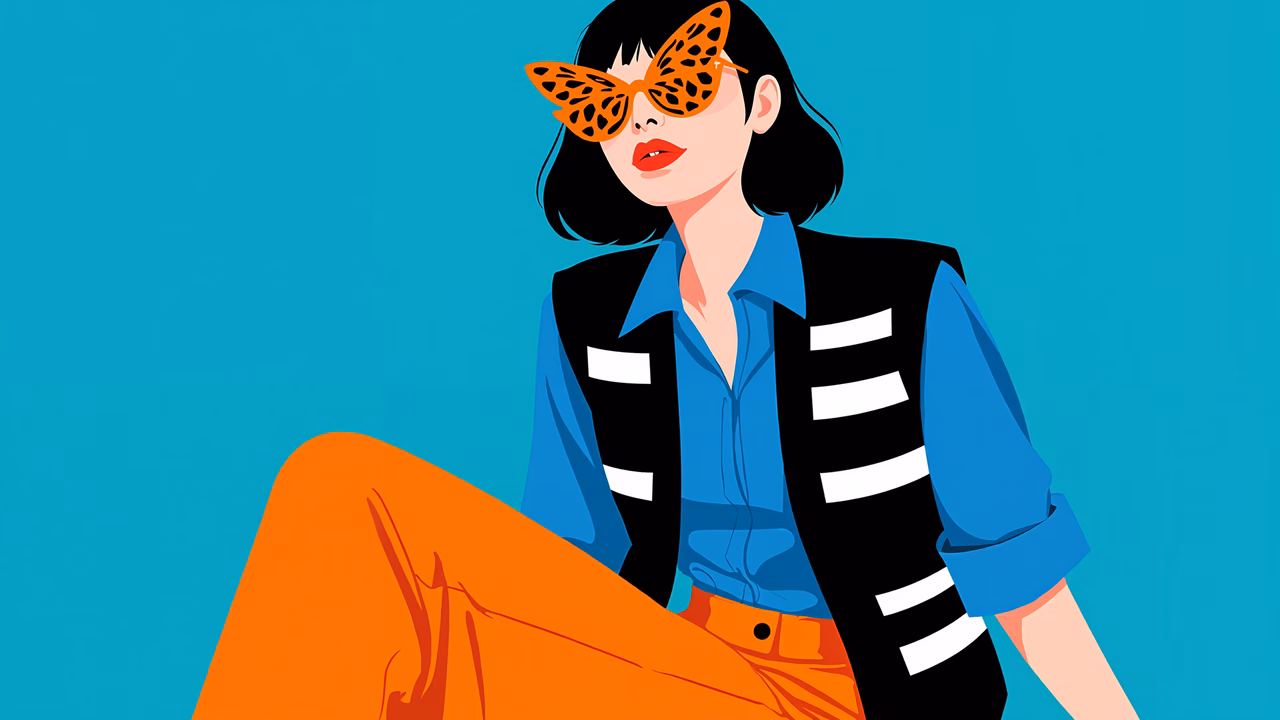 Bold fashion illustration with striking colors and patterns.