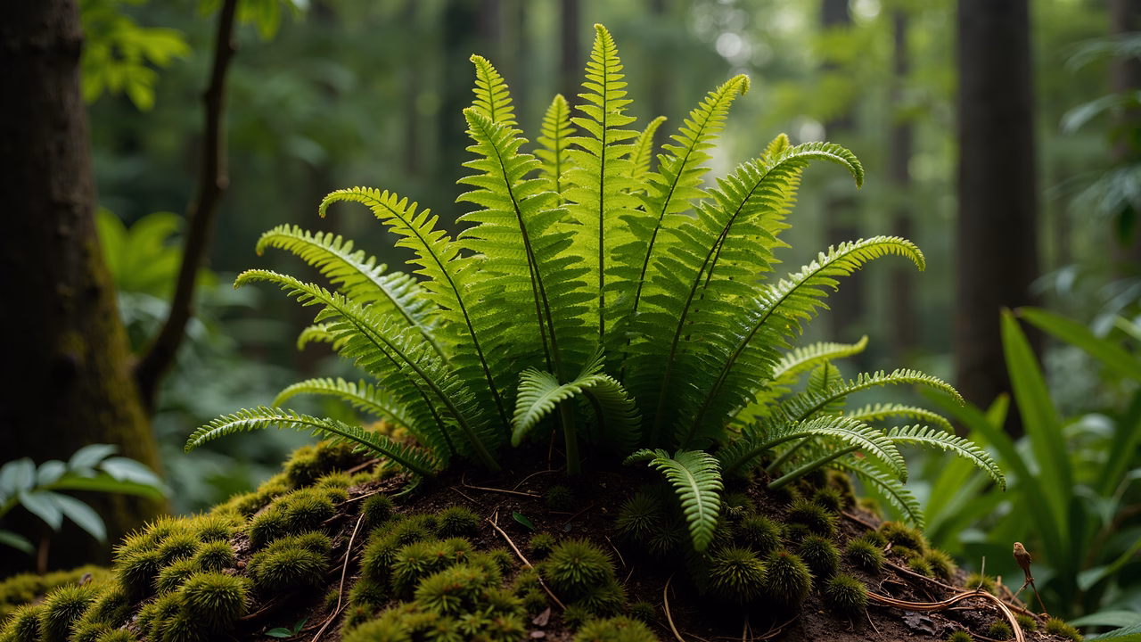 Vibrant green fern in a lush forest setting